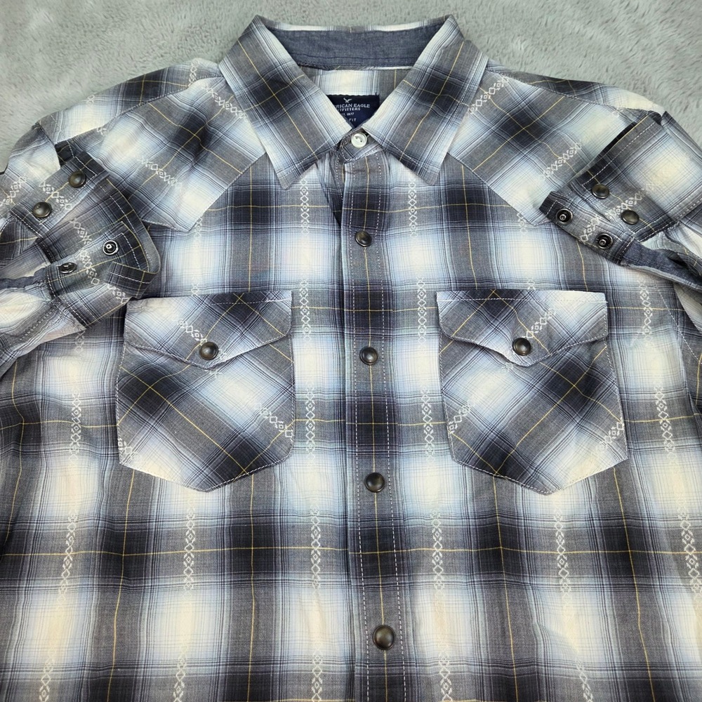 American Eagle Snap Western Shirt Mens M Slim Fit‎ Embroidered Black White Plaid